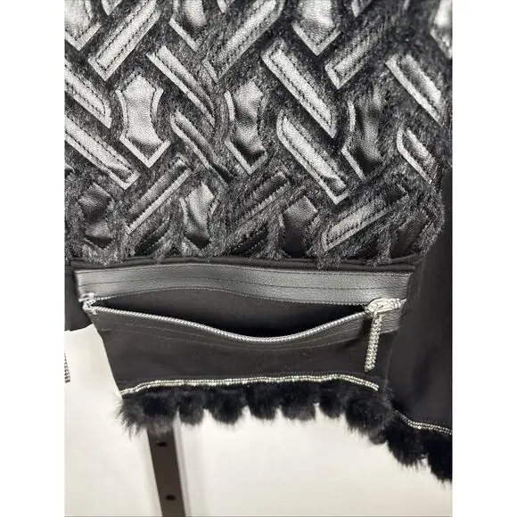 Save the Queen Italy Faux Leather Jacket Womens Medium Black Faux Fur Geometric - Picture 6 of 13